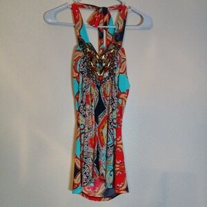 VENUS Jeweled Halter Top Gorgeous Multi Colored Print Flowy Open Back Size S